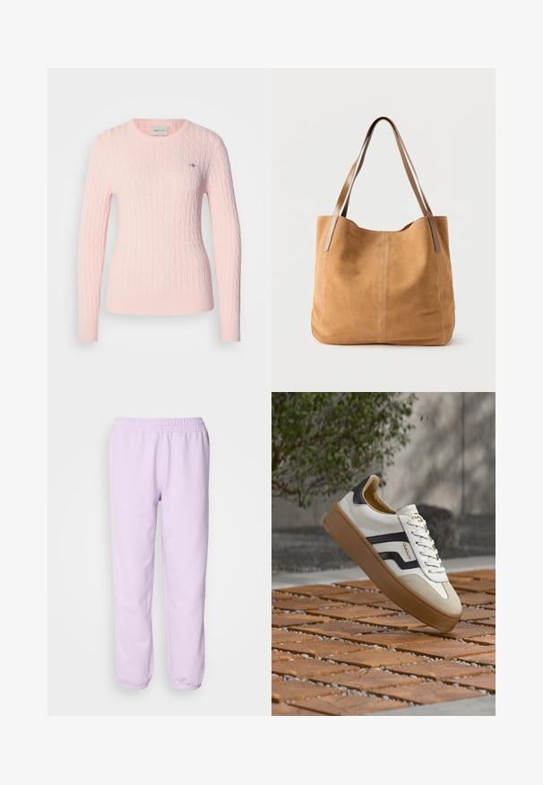 Pull en maille torsadée rose clair avec manches longues et encolure ronde. Comprend un petit logo sur la poitrine et un ourlet côtelé.; Pantalons de survêtement lilas en tissu doux, dotés d'une taille élastique et de poignets élastiques aux chevilles. Design simple, sans motifs.; Baskets blanches avec accents noirs et suède beige, dotées d'une semelle en caoutchouc texturée et d'un design à lacets. Logo de la marque visible sur le côté.; Sac fourre-tout en daim beige avec de longues anses en cuir marron clair, texture douce et couture simple sur un fond blanc uni.