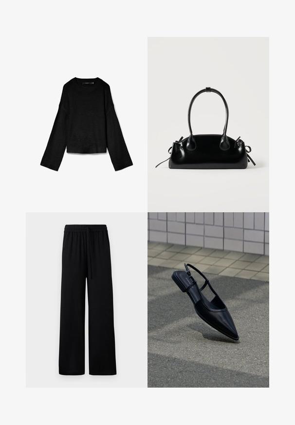 Sort strikket sweater med rund halsudskæring, lange ærmer og cropped design. Strukturstof med ribbede manchetter og kant.; Sorte vide benbukser med elastisk talje og justerbar snor. Glat stof uden synlige mønstre eller accenter.; Sort slingback-flad sko med spids tå, svævende over en asfaltflade ved siden af en flisebelagt fortov.; Lille sort blank håndtaske med to lange håndtag og snøre-detaljer i siden på en ensfarvet lys baggrund.