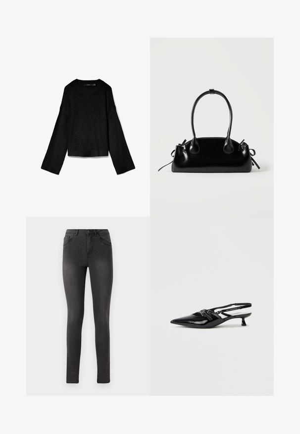 Sort strikket sweater med rund halsudskæring, lange ærmer og cropped design. Strukturstof med ribbede manchetter og kant.; Sorte skinny jeans med en glat denim texture, fem-lomme design og en metal knaplukning i taljen.; Sort laklæder slingback-sko med spids tå, lille blokhæl og justerbar rem med udskæringsdetaljer og logoaccenter.; Lille sort blank håndtaske med to lange håndtag og snøre-detaljer i siden på en ensfarvet lys baggrund.