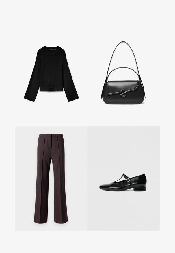 Pull en tricot noir avec un col rond, des manches longues et un design court. Tissu texturé avec des poignets et un ourlet côtelés.; Un pantalon à jambes larges en tissu marron foncé présente un design tailleur avec des plis devant et une texture lisse, adapté aux occasions formelles.; Chaussures Mary Jane en cuir noir avec bout pointu, petit talon carré et bride ajustable avec une boucle argentée. Texture lisse et brillante.; Sac à bandoulière en cuir noir avec un rabat incurvé fermé par un fermoir métallique rond et une sangle fine et ajustable.