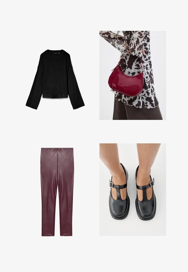 Sort strikket sweater med rund halsudskæring, lange ærmer og cropped design. Strukturstof med ribbede manchetter og kant.; Bordeaux faux læder leggings med en glat tekstur, høj talje og tætsiddende design, der strækker sig til anklerne uden yderligere detaljer.; Sorte lædersko med T-rem-design, lukket tå og sølvfarvede spændeaccenter. Glat tekstur med rundet tå og flad sål.; Kvinde iført en sort- og hvidmønstret bluse, der holder en blank rød skuldertaske mod en ensfarvet baggrund.