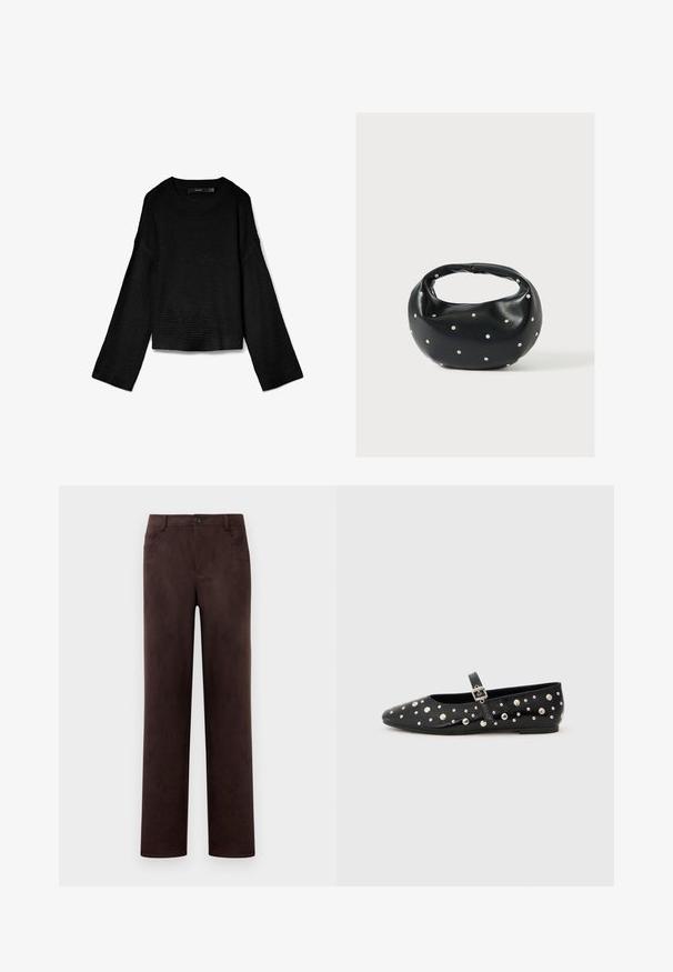 Sort strikket sweater med rund halsudskæring, lange ærmer og cropped design. Strukturstof med ribbede manchetter og kant.; Mørkebrun suedebukser med lige ben, frontknap og lynlås, bæltesløjfer og sidelommer.; Sorte læder balletflade med spidse tæer, prydet med sølvnitter og en sidebuckle rem. Tekstureret overflade med flad sål.; Sort læderhåndtaske med en rundet form, dekoreret med sølvnitter, og et kort håndtag. Glat tekstur og lynlåslukning.