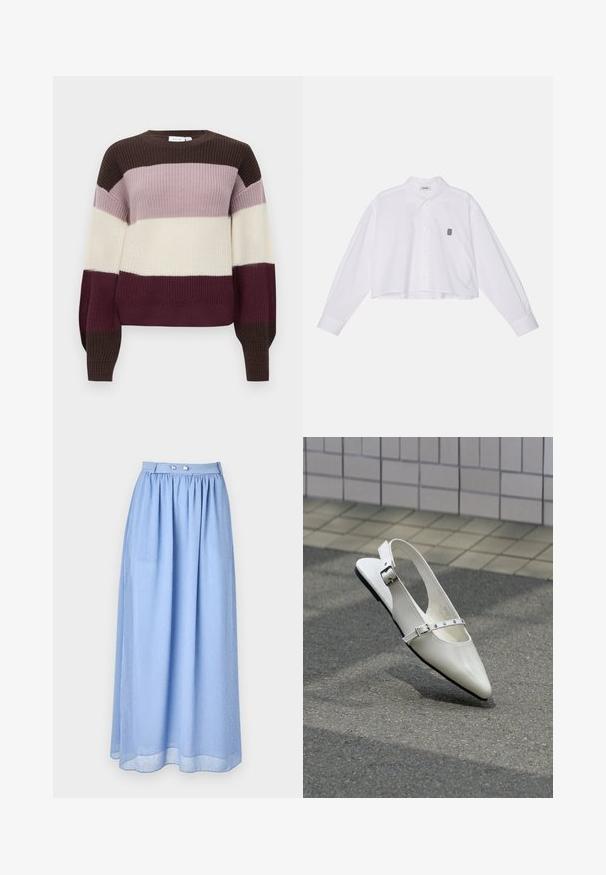 Gehaakte trui met horizontale strepen in donkerbruin, lichtpaars, crème en bordeauxrood. Ronde halslijn en lange mouwen met geribde manchetten.; Witte, cropped blouse met lange mouwen, voorzien van een klassieke kraag en een klein zwart geborduurd logo op de linkerborst.; Lichtblauwe maxi rok van doorschijnende stof met een geraffineerde taille, voorzien van zilveren knoopdetails en een subtiel patroon van kleine witte stippen.; Witte puntige slingback platte schoen met twee zilveren gespen, getoond buiten op een getextureerde ondergrond en betegelde muur als achtergrond.