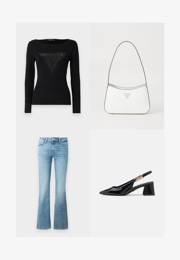 Chemise noire à manches longues avec un design en strass triangulaire et le texte "GUESS ?" au centre, fabriquée dans un tissu lisse et extensible.; Jean flare en denim bleu clair avec poches avant, passants de ceinture et fermeture à bouton.; Bottines à talon en vernis noir avec un bout pointu et des accessoires dorés sur la bride, dotées d'un talon bloc. Texture lisse.; Sac à main blanc au design élégant et incurvé, doté d'une fine bandoulière noire et d'un accent logo triangle argenté. Texture lisse et détails minimaux.