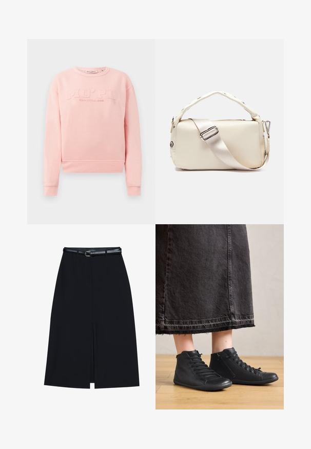 Roze sweatshirt van zacht materiaal, met ribbels aan de mouwen en onderkant. Aan de voorkant staat de reliëftekst "MO'PD Marc O'Polo DENIM".; Zwarte knie-lange rok met een vooraanstaande split, gemaakt van gladde stof. Heeft een dunne zwarte riem met een zilveren gesp en riemlussen.; Zwarte leren hoge schoenen met een gladde textuur, met veters en een zijrits. G gedragen bij een lange zwarte spijkerrok.; Crème-kleurige neplederen tas met een gestructureerde rechthoekige vorm, voorzien van een gewatteerde handgreep, verstelbare satijnen schouderband en zilveren hardwareaccenten.