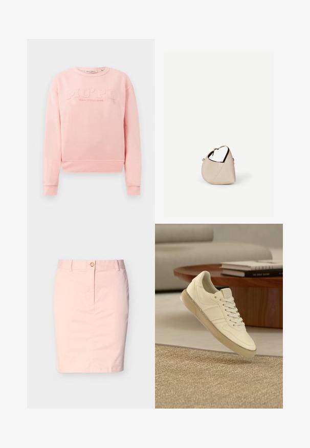 Roze sweatshirt van zacht materiaal, met ribbels aan de mouwen en onderkant. Aan de voorkant staat de reliëftekst "MO'PD Marc O'Polo DENIM".; Lichtroze kokerrok tot op de knie met taillebandlussen en een knoopsluiting aan de voorkant tegen een effen witte achtergrond.; Witte leren sneaker met vetersluiting, gestructureerde accenten en een doorschijnende rubberen zool, gepresenteerd boven een geweven oppervlak.; Beige leren handtas in halvemaanvorm met een enkele schouderband en minimale stiksels, afgebeeld tegen een effen witte achtergrond.