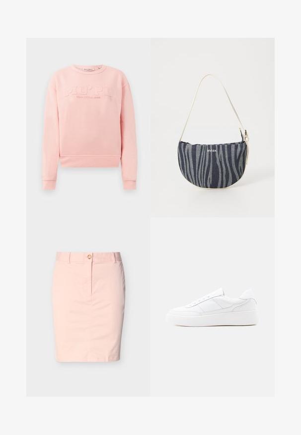 Vaaleanpunainen collegepaita, joka on valmistettu pehmeästä kankaasta ja jossa on ribbaatut hihansuut ja helma. Edessä on kohotettu teksti "MO'PD Marc O'Polo DENIM."; Vaaleanpunainen polvipituinen kynähame, jossa on vyölenkit ja edessä napillinen kiinnitys, yksinkertaista valkoista taustaa vasten.; Valkoinen matala tennari, jossa paksu pohja, nyöritys ja hillityt ompelukoristeet yksinkertaisella vaalealla taustalla.; Denim-käsilaukku, jolla on kaareva muoto, ja jossa on tummansininen ja vaaleansininen tiikeriraidallinen kuvio, valkoinen hihna ja brändilogo näkyvästi esillä.