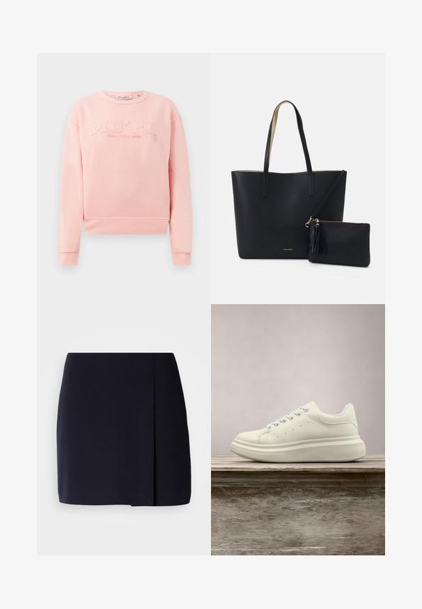 Roze sweatshirt van zacht materiaal, met ribbels aan de mouwen en onderkant. Aan de voorkant staat de reliëftekst "MO'PD Marc O'Polo DENIM".; Een zwarte minirok met een rechte pasvorm, gemaakt van zacht stof, voorzien van een zijplooitje voor extra detail en een nette zoom.; Witte leren sneaker met ronde neus, gladde textuur en contrasterende veters. Heeft ventilatiegaten en een dikke rubberen zool voor comfort.; Zwarte totebag van gestructureerd materiaal, met twee lange handvatten en een afneembare tas met rits voorzien van een franjesdetail. Gouden merklogo zichtbaar.