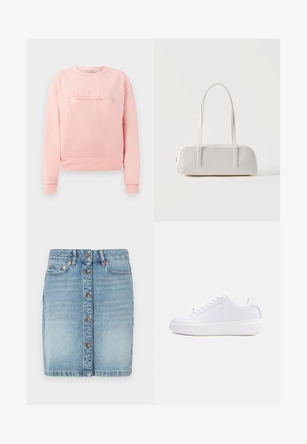 Sweat-shirt rose en tissu doux, avec des poignets et un ourlet côtelés. L'avant arbore un texte en relief « MO'PD Marc O'Polo DENIM ». ; Jupe en denim bleu clair avec un bouton à l'avant, cinq poches et des détails de couture. Présente une coupe droite et une finition légèrement délavée.; Baskets basses blanches à lacets, semelle épaisse et dessus lisse, vues de côté extérieur sur un fond clair uni.; Sac d'épaule rectangulaire blanc avec des bretelles longues et fines, couture minimale, et fermeture éclair sur un fond uni.