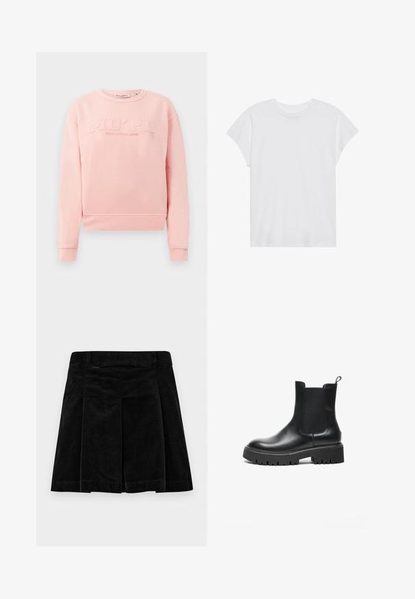 Sweat-shirt rose en tissu doux, avec des poignets et un ourlet côtelés. L'avant arbore un texte en relief « MO'PD Marc O'Polo DENIM ». ; T-shirt blanc à manches courtes, col rond, coupe décontractée, en tissu de coton doux. Texture lisse, sans motifs ni logos.; Jupe en velours côtelé noir avec un design plissé, dotée d'une coupe droite, d'une surface texturée et d'une taille élastique pour un ajustement sécurisé.; Bottines Chelsea en cuir noir avec panneaux élastiques sur les côtés, bout arrondi, semelle en caoutchouc épaisse et languette à l'arrière.
