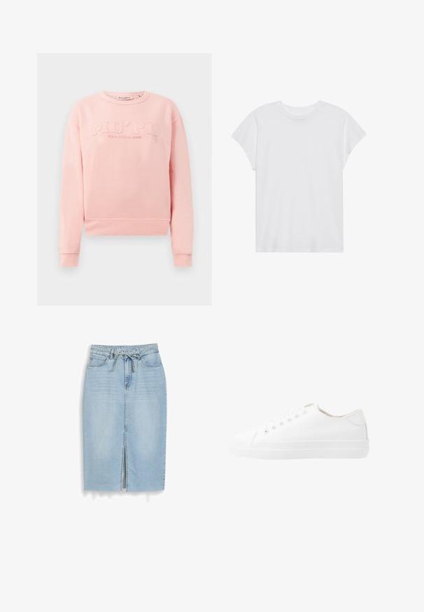Ružová mikina z mäkkého materiálu, s rebrovanými manžetami a lemom. Na prednej strane sa nachádza embosovaný nápis "MO'PD Marc O'Polo DENIM."; Biela krátka rukávová tričko s okrúhlym výstrihom, voľný strih, vyrobené z jemnej bavlnenej látky. Hladká textúra, bez vzorov alebo log.; Svetlomodrá rifľová midi sukňa s predným rázporkom, štýl s piatimi vreckami, pútka na opasok a zaväzovací rifľový opasok v páse.; Biele plátené tenisky s nízkym dizajnom, okrúhlou špičkou, šiestimi očkami a textúrovanou gumovou podrážkou. Hladký materiál s minimálnymi akcentmi.