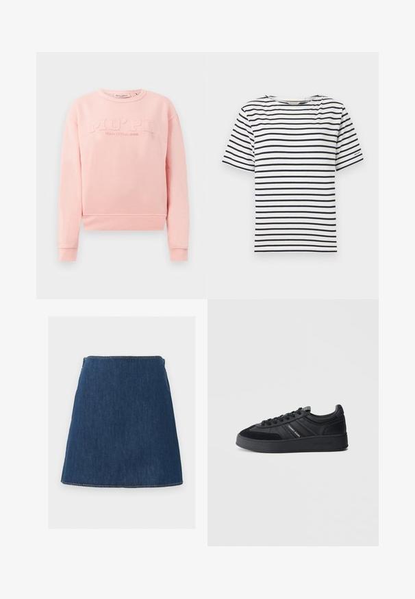 Ružová mikina z mäkkého materiálu, s rebrovanými manžetami a lemom. Na prednej strane sa nachádza embosovaný nápis "MO'PD Marc O'Polo DENIM."; Biela tričko s vodorovnými námorníckymi pruhmi, okrúhlym výstrihom, krátkymi rukávmi a malým logom na ľavom rukáve. Bavlnený materiál.; Rifľová mini sukňa tmavomodrej farby so zjednodušeným strihom do A a viditeľnými švami pozdĺž lemu a pásu.; Čierne tenisky z kože a semišu s hrubou podrážkou, šnúrkami a značkovými bočnými pruhmi. Hladký povrch s textúrovanými detailmi.
