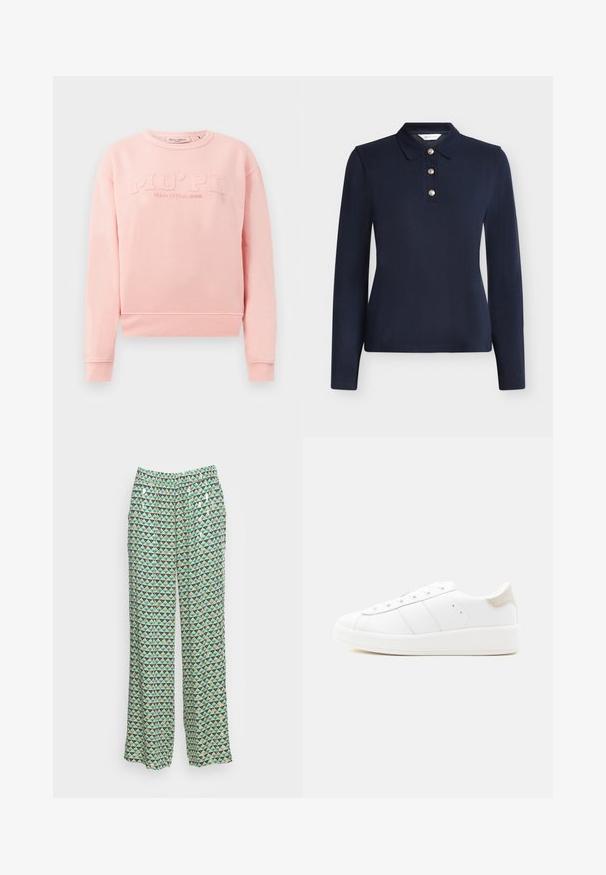 Roosa sügisjakk pehmest kangast, millel on soonikkoes varrukad ja alläär. Esiküljel on reljeefne tekst "MO'PD Marc O'Polo DENIM."; Tumesinine pika varrukaga polo särk kolme kuldse nööbiga ja klassikalise kraega, kujutatud ühtlasel heledal taustal.; Prinditud laiade jalgade püksid, millel on geomeetriline mustarv roheline, sinine ja tumesinine kolmnurkadega kreemival taustal. Elastne vöö. ; Valge madala säärega toss, esipitsidega, sile naha ülemise osaga, tekstuurse beežika kannavahvliga ja paksu kummist taldaga ühevärvilisel taustal.