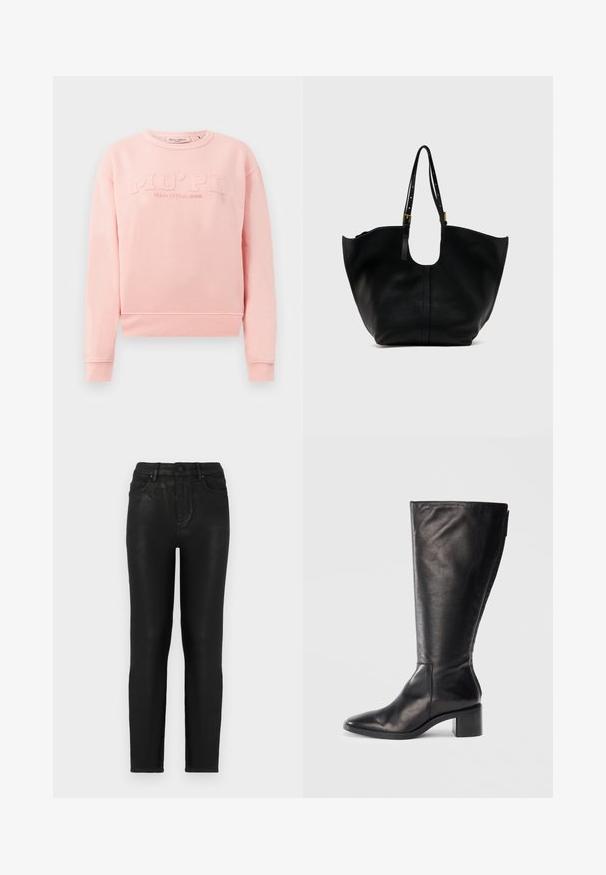 Lyserød sweatshirt lavet af blødt stof, med ribstrikkede manchetter og kant. På fronten er der præget tekst "MO'PD Marc O'Polo DENIM."; Sorte denim jeans med slim fit, der har høj talje, klassisk fem-lomme design og en subtil glans-struktur. Standard frontknaplukning.; Sorte læderknæhøje støvler med firkantet tå, blokhæle og et stilrent design. Glat tekstur med en sideskift for nem påtagning.; Sort lædertaske med bred, åben top og justerbare skulderremme med gyldne spænder, vist mod en ensfarvet lys baggrund.