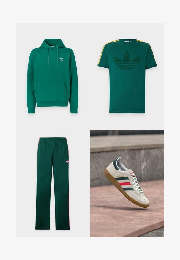 Grøn hættetrøje lavet af blødt stof med en fremadbøjet kængurulomme, justerbar snøre i hætten og et lille hvidt Adidas-logo på brystet.; Grøn T-shirt med korte ærmer med mørkegrønt Adidas trefoil-logo og gule striber på skuldrene mod en hvid baggrund.; Grønne træningsbukser med pinke sidelister, elastisk talje, lommer og et lille pink Adidas-logo på venstre lår.; Hvid Adidas sneaker med grønne og røde striber, gummisål og "SPEZIAL" branding, der svæver over stensat belægning.