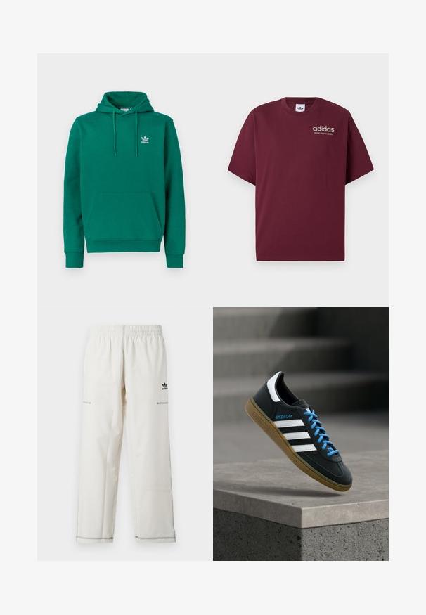 Grøn hættetrøje lavet af blødt stof med en fremadbøjet kængurulomme, justerbar snøre i hætten og et lille hvidt Adidas-logo på brystet.; Bordeaux kortærmet t-shirt lavet af bomuld. Har rund hals og et lille hvidt "adidas" logo med "SPORT DESIGN STUDIO" under.; Hvide atletikbukser med elastisk taljebånd, sidelommer og sort adidas-logo samt syninger som detaljer. Glat, letvægtsstof.; Sort Adidas sneaker med hvide striber, blå snørebånd og gummisål, der svæver over gråt betontrin i blødt lys.