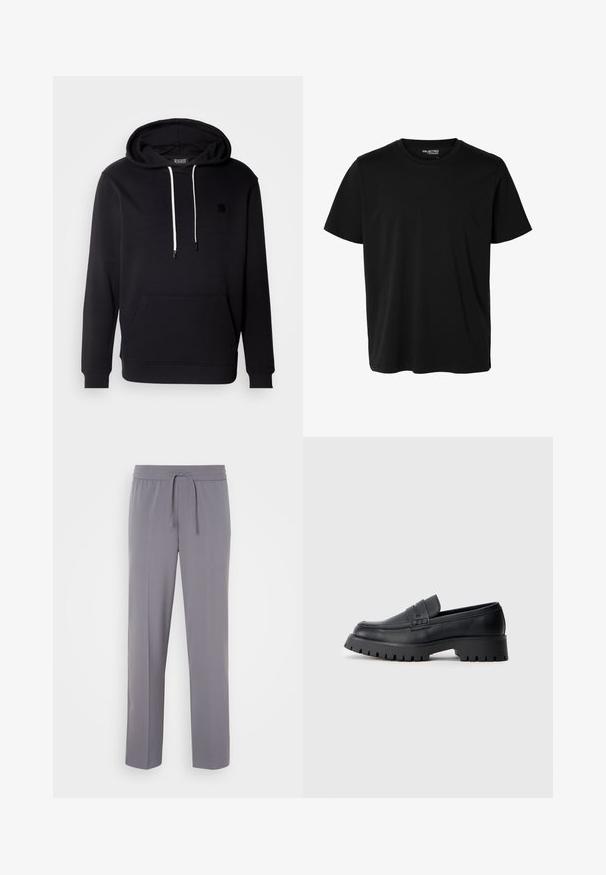 Schwarzer Hoodie aus weichem Material mit einer vorderen Kängurutasche, Kapuze mit Kordelzug und kleinem schwarzen Logopatch auf der Brust.; Schlichtes schwarzes T-Shirt mit kurzen Ärmeln und Rundhalsausschnitt in Herrenform, ohne sichtbare Muster oder Logos auf der Vorderseite.; Graue, dehnbare Hosen mit flacher Vorderseite, elastischem Bund und Kordelzug, mit geraden Beinen und glatter Textur.; Schwarze Leder-Loafer mit abgerundeter Schuhspitze, ausgestattet mit einem dekorativen Riemen und einer robusten Gummisohle mit tiefem Profil für besseren Halt.