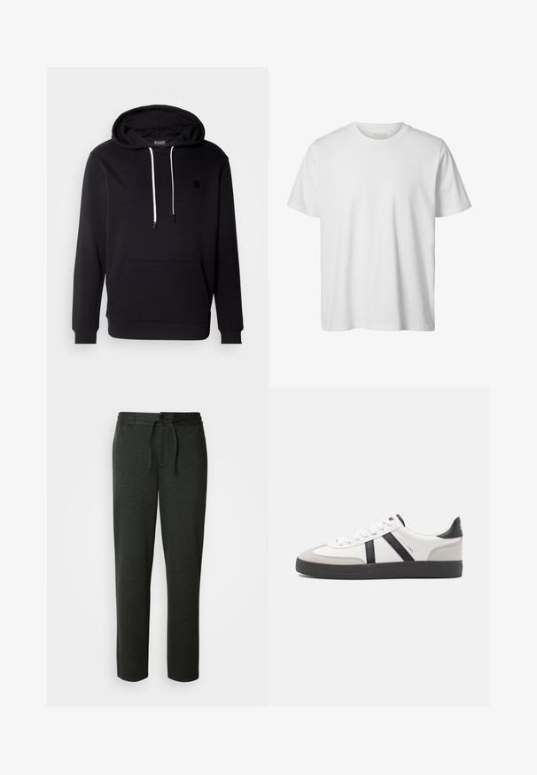 Schwarzer Hoodie aus weichem Material mit einer vorderen Kängurutasche, Kapuze mit Kordelzug und kleinem schwarzen Logopatch auf der Brust.; Schlichtes weißes T-Shirt mit kurzen Ärmeln und Rundhalsausschnitt, lässiger Passform und ohne sichtbare Logos oder Designs auf der Vorderseite.; Dunkelgraue Sweatpants aus einem weichen Baumwoll-Mix. Sie verfügen über einen elastischen Bund mit Kordelzug und Seitentaschen. Gerades Bein Design.; Weiße Sneaker mit schwarz- und grau-aczenten, ausgestattet mit einer strukturierten grauen Zehenkappe, schwarzer Gummi-Sohle und flachen weißen Schnürsenkeln. Sauberes Design, minimalistische Stil.