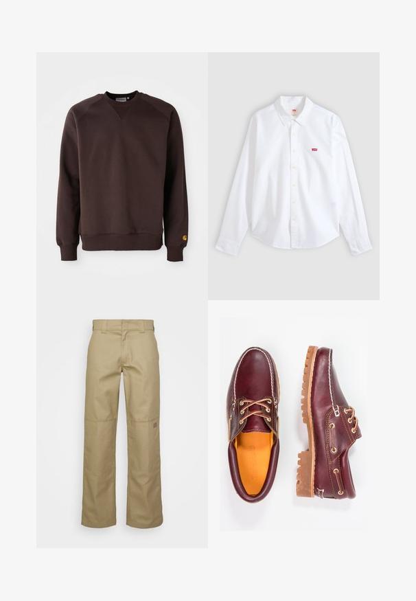 Brun bomulds sweatshirt med ribbede manchetter og kant, rund hals og raglanærmer. Har et lille gult logo på den nederste ærme.; Hvid langærmet skjorte med knapper og krave samt lille rødt Levi's-logo på venstre brystområde på en neutral baggrund.; Beige vidde bukser lavet af en blanding af bomuldsstof. Har forstærkede knæpuder og et lille logo-patch på det øverste ben.; Bordeaux lædersko med brune gummisåler, rund tå, hvid syning og gyldne snøringer. Indersiden har et gult for.