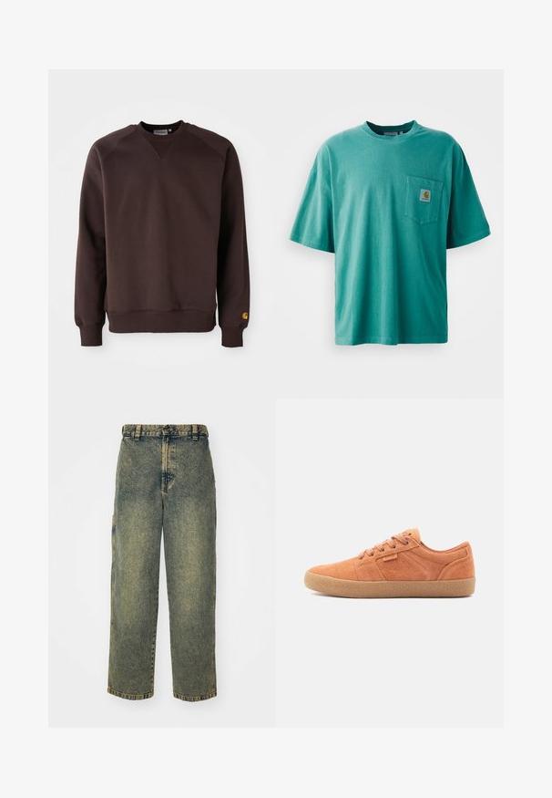 Brun bomulds sweatshirt med ribbede manchetter og kant, rund hals og raglanærmer. Har et lille gult logo på den nederste ærme.; Grøn bomulds t-shirt med rund hals, korte ærmer og en frontlomme med et logopatch. Blød tekstur og afslappet pasform.; Slidse denim jeans i en falmet blå og grøn vask. Har en knaplukning, bælteløkker og sidelommer. Flad front og lige ben-design.; Tan ruskinds sneakers med en tekstureret overflade, rund tå og gummisål. Har snørebåndsdesign og syede detaljer på siderne.