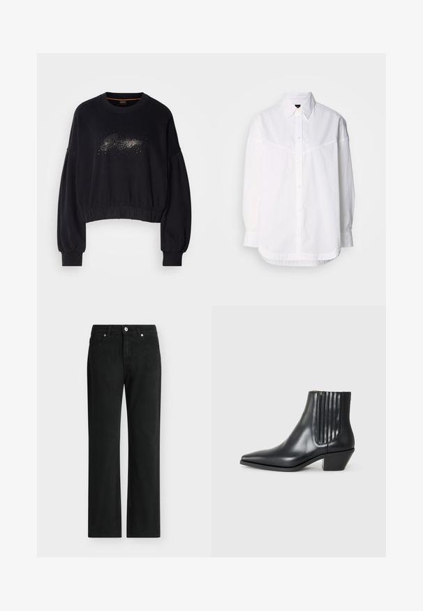 Sorte cropped sweatshirt med ribbet halsudskæring, puffede ærmer og en dekorativ glitrende grafik foran. Blødt stof med elastisk kant.; Hvid langærmet skjorte lavet af bomuld, med en knap-ned krave, frontknapper og en afslappet pasform med subtile syninger.; Sorte jeans med lige ben, foran med knap og lynlås, design med fem lommer og bæltestropper.; Sorte læder ankelstøvle med spids tå, elastiske sidepaneler med lodrette riller og en lav blokhæl. Glat tekstur og slankt design.