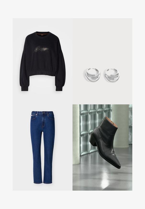 Schwarzer, cropped Sweatshirt mit geripptem Halsausschnitt, puffartigen Ärmeln und einem dekorativen, glitzernden Grafikdesign auf der Vorderseite. Weicher Stoff mit elastischem Saum.; Dunkelblaue Denim-Jeans mit geradem Schnitt, mittlerer Leibhöhe, Fünf-Taschen-Design und kontrastierender orangefarbener Steppnaht überall.; Schwarzer Leder-Stiefelette mit spitzer Schuhspitze und Blockabsatz, der über einem reflektierenden grauen Boden nahe einer Glassteinwand schwebt.; Paar polierte silberne Creolen mit geschichtetem, gebogenem Stabdesign auf einem einfarbigen hellen Hintergrund.
