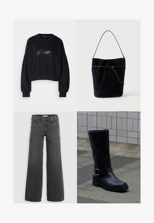 Sudadera corta negra con cuello acanalado, mangas abullonadas y un gráfico decorativo brillante en la parte delantera. Tejido suave con dobladillo elástico.; Jeans de mezclilla de pierna ancha en gris oscuro, con cintura estructurada con trabillas para cinturón, diseño de cinco bolsillos y desgaste sutil en la tela.; Bota de cuero negra a media pantorrilla con tacón bajo y una correa decorativa con hebilla metálica, apoyada sobre una superficie pavimentada gris cerca de una pared alicatada.; Bolso tipo cubo de ante negro con cordón trenzado de cuero y una sola correa para el hombro sobre un fondo blanco liso.