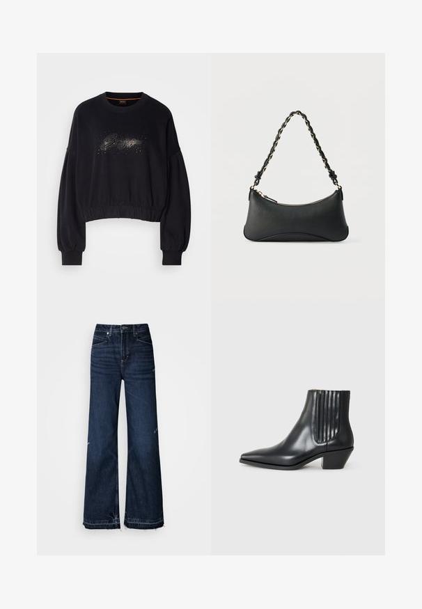 Sorte cropped sweatshirt med ribbet halsudskæring, puffede ærmer og en dekorativ glitrende grafik foran. Blødt stof med elastisk kant.; Højtaljede, vide jeans lavet af mørkt denim. Modellen har frynsete kanter og et femlomme-design med synlige sømme.; Sorte læder ankelstøvle med spids tå, elastiske sidepaneler med lodrette riller og en lav blokhæl. Glat tekstur og slankt design.; Sort skuldertaske i læder med en buet rektangulær form, gyldent kæde vævet ind i en flettet sort rem og toplynlås.