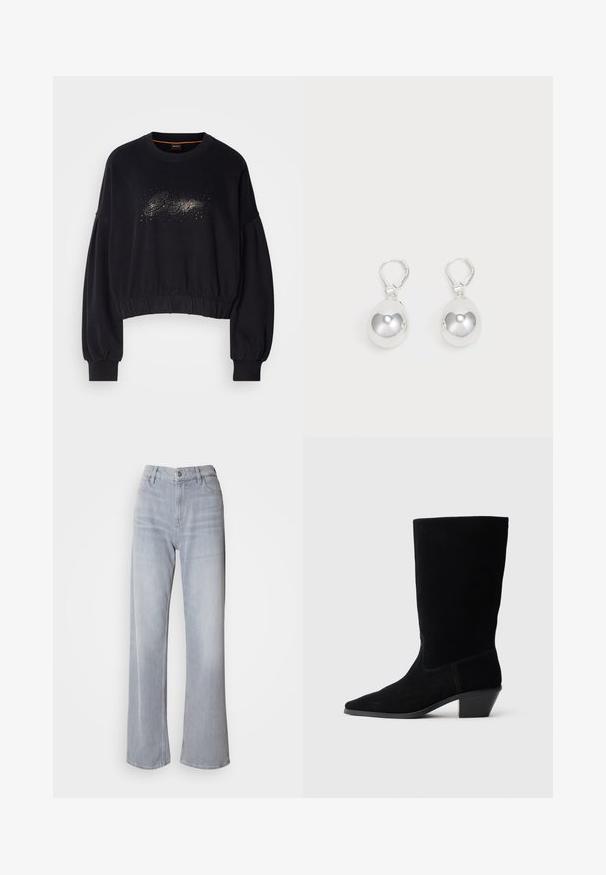 Sorte cropped sweatshirt med ribbet halsudskæring, puffede ærmer og en dekorativ glitrende grafik foran. Blødt stof med elastisk kant.; Lys grå vidde jeans med høj talje, lavet af denim. Har forlommer, lynlås og subtil falmen over det hele.; Sort ruskind ankelstøvle med spidse tæer, mellemhøj skaft og en chunky hæl. Fuldender et minimalistisk design med lidt syninger og en glat tekstur.; Sølv dråbeøreringe med glatte, runde, reflekterende overflader hængende fra svingelukkede låse. Baggrunden er helt hvid.