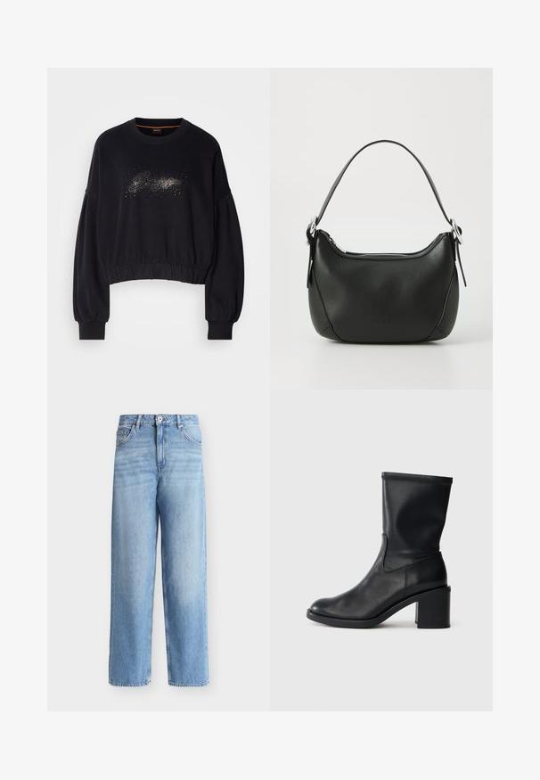 Zwarte cropped sweatshirt met een ribgebreide halslijn, pofmouwen en een decoratieve sprankelende graphic op de voorkant. Zachte stof met een elastische onderrand.; Lichtblauwe straight-leg jeans met hoge taille, voorzijde met knoop- en ritssluiting, riemlussen en voorzakken op een witte achtergrond.; Zwarte leren enkellaars met een ronde neus, een gladde textuur en een chunky hak, met een strak schacht en subtiele stiksels.; Zwarte leren handtas met een gebogen vorm, zilveren rits en een korte handgreep. Bevat een subtiel logo aan de voorkant en een gladde textuur.
