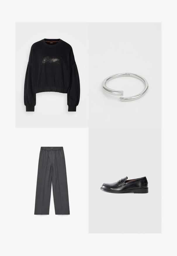 Sorte cropped sweatshirt med ribbet halsudskæring, puffede ærmer og en dekorativ glitrende grafik foran. Blødt stof med elastisk kant.; Bredde bukser i mørkegrå vævet stof med elastisk talje og to frontfoldninger. Glat tekstur med et skræddersyet udseende.; Sorte læder loafers med en rund tå, syninger og en lav blokhælhæl. Glat tekstur med en subtil glans.; Calvin Klein SPIRAL - Armbånd - silver-coloured