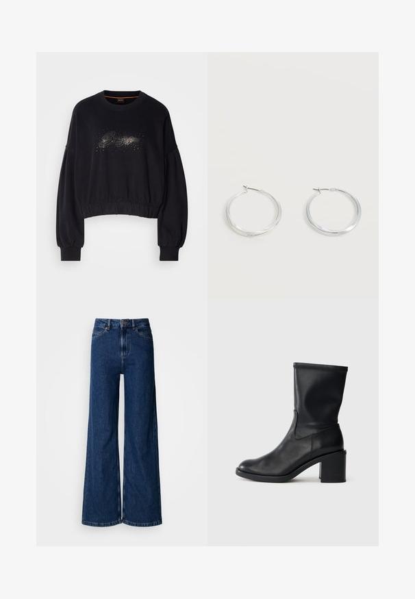 Sorte cropped sweatshirt med ribbet halsudskæring, puffede ærmer og en dekorativ glitrende grafik foran. Blødt stof med elastisk kant.; Vidbenede mørkeblå jeans lavet af denim, med høj talje, klassisk fem-lomme-design og subtile syningsdetaljer langs sømmene.; Sort læder ankelstøvle med rund tå, glat tekstur og en grov hæl, der har et tætsiddende skaft og subtil syning.; Sølvfarvede metaloorringe med glat, let buet overflade og låsemekanisme på en ensfarvet hvid baggrund.