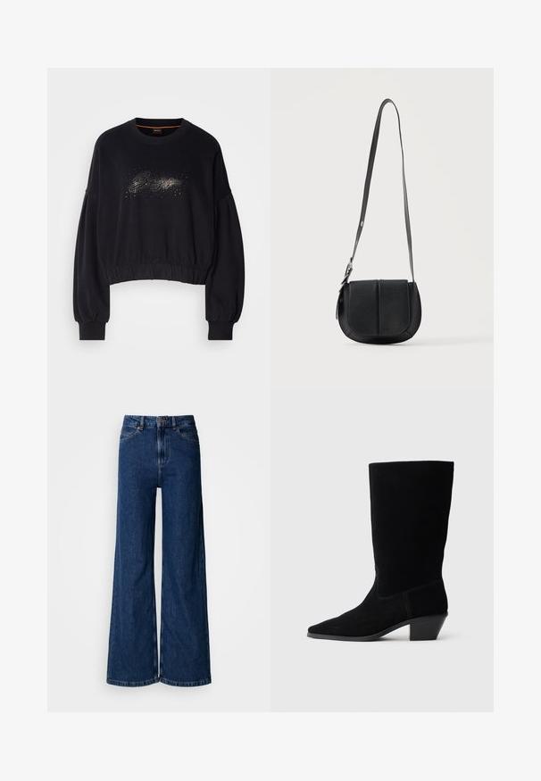 Sorte cropped sweatshirt med ribbet halsudskæring, puffede ærmer og en dekorativ glitrende grafik foran. Blødt stof med elastisk kant.; Vidbenede mørkeblå jeans lavet af denim, med høj talje, klassisk fem-lomme-design og subtile syningsdetaljer langs sømmene.; Sort ruskind ankelstøvle med spidse tæer, mellemhøj skaft og en chunky hæl. Fuldender et minimalistisk design med lidt syninger og en glat tekstur.; Sort tekstureret læder crossbody-taske med afrundet bund, frontklap og justerbar skulderrem med metal spænde.