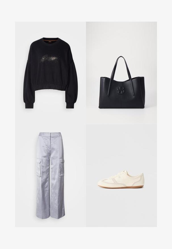 Sorte cropped sweatshirt med ribbet halsudskæring, puffede ærmer og en dekorativ glitrende grafik foran. Blødt stof med elastisk kant.; Lysegrå bred-leg cargo bukser lavet af glat stof, med sidelommer, skræddersyet talje og uden synlige hængsler eller lynlåse.; Sneakers i cremefarve med overdel i ruskind og stof, rundet tå og gummisål med beige detaljer. Snørelukning.; Sorthåndtaske i læder med to håndtag, prydet med et præget logo på forsiden. Struktureret form og glat tekstur. Ingen yderligere dekorationer.