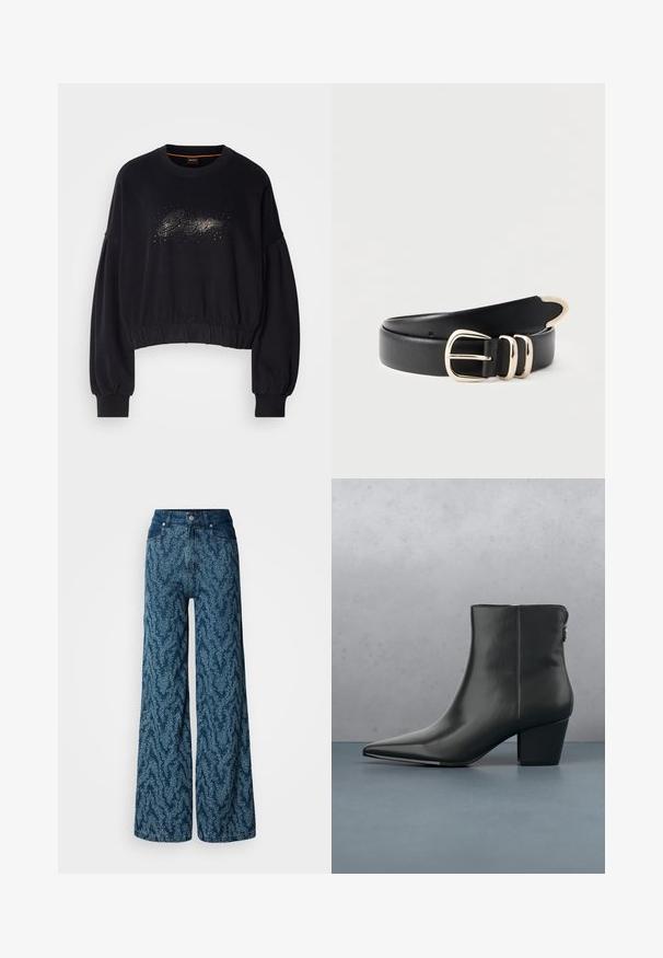Sudadera corta negra con cuello acanalado, mangas abullonadas y un gráfico decorativo brillante en la parte delantera. Tejido suave con dobladillo elástico.; Vaqueros de pierna ancha con cintura alta en denim azul oscuro con un patrón abstracto moteado en azul claro, botón delantero y bolsillos.; Botín negro de cuero hasta el tobillo con punta afilada y un tacón moderado, que presenta una textura suave y un diseño minimalista, colocado sobre un fondo estampado.; Cinturón de cuero negro enrollado con hebilla metálica dorada, trabillas y punta sobre un fondo claro liso.
