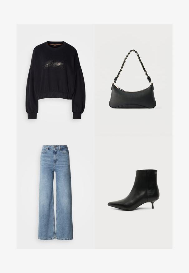 Schwarzer, cropped Sweatshirt mit geripptem Halsausschnitt, puffartigen Ärmeln und einem dekorativen, glitzernden Grafikdesign auf der Vorderseite. Weicher Stoff mit elastischem Saum.; Hellblaue Jeans mit weitem Bein aus Denim, mit hoher Taille, Fünf-Taschen-Design und rohen Säumen. Glatte Textur mit verblasstem Finish.; Schwarzer Leder-Knöchel-Stiefel mit spitzer Spitze und niedrigem Kittenabsatz vor hellem Hintergrund, seitliche Ansicht.; Schwarze Lederschultertasche mit gewölbter rechteckiger Form, goldener Kette, die in den geflochtenen schwarzen Riemen eingewebt ist, und Reißverschlussverschluss oben.
