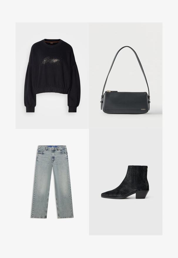 Sorte cropped sweatshirt med ribbet halsudskæring, puffede ærmer og en dekorativ glitrende grafik foran. Blødt stof med elastisk kant.; Lyseblå jeans med vide ben lavet af denim, med udvaskede områder, fem lommer og en blå mærket taljebånd.; Sort ankelstøvle med spidse tæer, tekstureret håragtigt materiale, ribbet sidepanel og en lav, firkantet hæl. Simpelt og moderne design.; Sort rektangulær skuldertaske i læder med guld lynlås og lille guld "HUGO"-logo på fronten, med justerbar strop med spænde.