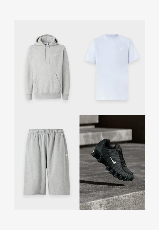 Hellgrauer Hoodie aus weichem Stoff mit Kängurutasche, Kapuze mit Kordelzug und kleinem weißem Logo auf der Brust.; Hellblaue Baumwoll-T-Shirt mit kurzen Ärmeln, Rundhalsausschnitt und einem weißen Nike-Logo, das auf der linken Brust gedruckt ist. Glatte Textur, schlichtes Design.; Graue Baumwollshorts mit elastischem Bund, locker geschnitten und einem kleinen weißen Logo nahe dem Saum. Glatte Textur, knielang.; Nike Sportschuh in Dunkelgrün, mit einer glatten synthetischen Oberseite, Mesh-Struktur, schwarzen Schnürsenkeln und einer glänzenden Sohle mit Luftpolsterung.