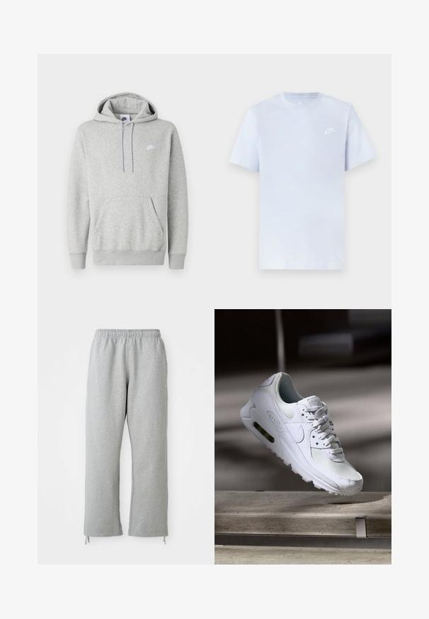 Hellgrauer Hoodie aus weichem Stoff mit Kängurutasche, Kapuze mit Kordelzug und kleinem weißem Logo auf der Brust.; Hellblaue Baumwoll-T-Shirt mit kurzen Ärmeln, Rundhalsausschnitt und einem weißen Nike-Logo, das auf der linken Brust gedruckt ist. Glatte Textur, schlichtes Design.; Graue Sweatpants mit einem elastischen Bund, geraden Beinen und Kordelzug-Akzenten am Saum. Hergestellt aus weichem, strukturierter Stoff.; Weiße Nike Air Max 90 Sneaker mit einem Obermaterial aus Mesh und Leder, durchlässigem Zehenbereich und einer sichtbaren Air-Einheit in der Ferse.