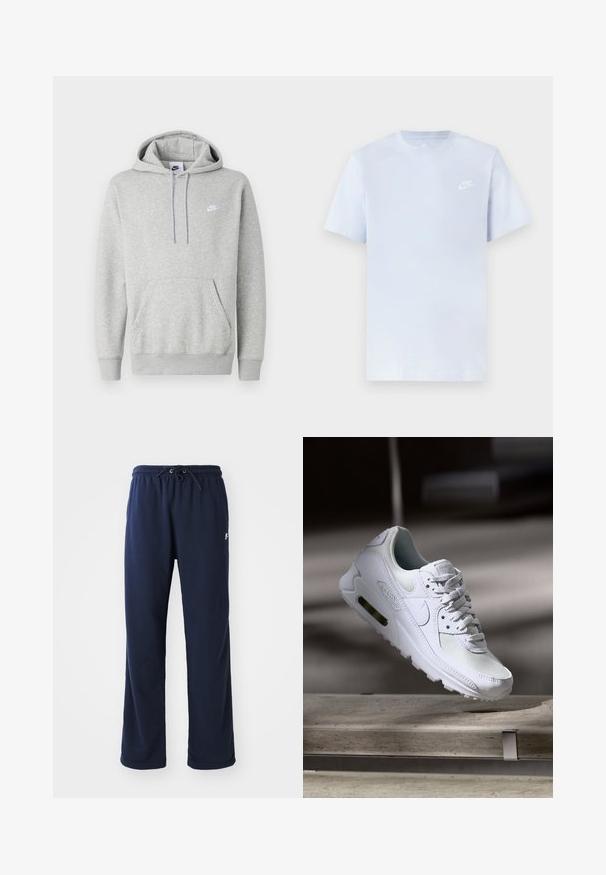 Sudadera con capucha de color gris claro hecha de tela suave, con un bolsillo tipo canguro, capucha con cordón y un pequeño logo blanco en el pecho.; Camiseta de algodón de color azul claro con mangas cortas, cuello redondo y un logo blanco de Nike impreso en el pecho izquierdo. Textura suave, diseño sencillo.; Pantalones de chándal azul marino hechos de una tela suave, con una cinturilla elástica y cordón, bolsillos laterales y un detalle de logo minimalista.; Zapatilla Nike Air Max 90 blanca con parte superior de malla y cuero, caja de puntera perforada y unidad de aire visible en el talón.