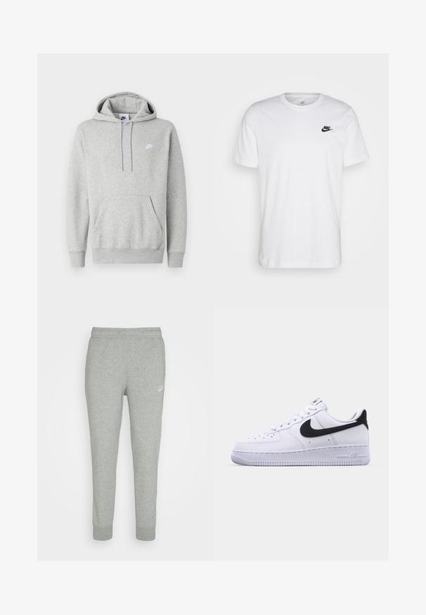 Hellgrauer Hoodie aus weichem Stoff mit Kängurutasche, Kapuze mit Kordelzug und kleinem weißem Logo auf der Brust.; Weißes Baumwoll-T-Shirt mit Rundhalsausschnitt, kurzen Ärmeln und einem schwarzen Nike-Logo auf der linken Brust. Einfaches, einfarbiges Design.; Graue Sweatpants aus weichem Stoff, mit schmal zulaufendem Bein, elastischem Bund und kleinem weißen Nike-Logo am linken Oberschenkel.; Weißes Leder-Sneaker mit einem strukturierten schwarzen Swoosh, flachen Schnürsenkeln und einer Gummisohle mit genoppetem Muster. "AIR" ist auf der Ferse eingeprägt.