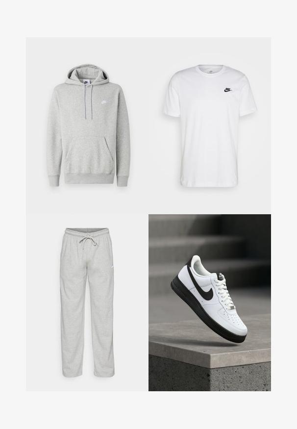 Sudadera con capucha de color gris claro hecha de tela suave, con un bolsillo tipo canguro, capucha con cordón y un pequeño logo blanco en el pecho.; Camiseta de algodón blanca con cuello redondo, mangas cortas y un logo negro de Nike en el lado izquierdo del pecho. Diseño simple en un color sólido.; Pantalones de chándal gris claro hechos de una tela suave. Cuentan con una cintura elástica con cordón y el logo de Nike en negro en el muslo izquierdo.; Zapatilla deportiva de cuero blanco con detalles en negro, punta redondeada y detalles perforados. Suela de goma negra con patrón texturizado y cierre de cordones.