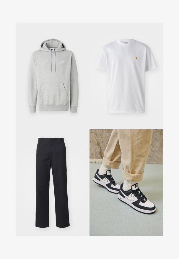 Sweat à capuche gris clair en tissu doux, avec poche kangourou, capuche à cordon de serrage et petit logo blanc sur la poitrine.; T-shirt en coton blanc à manches courtes, col rond, avec un petit logo doré sur la poitrine gauche. Texture douce et coupe régulière.; Pantalons droits noirs en tissu en mélange de coton. Présentent une taille plate avec passants de ceinture et sans matériel ou embellissements visibles.; Baskets Nike Air Force 1 en noir et blanc avec un dessus en cuir, orteil perforé et détail de semelle texturée, portées avec un pantalon beige retroussé et des chaussettes blanches.