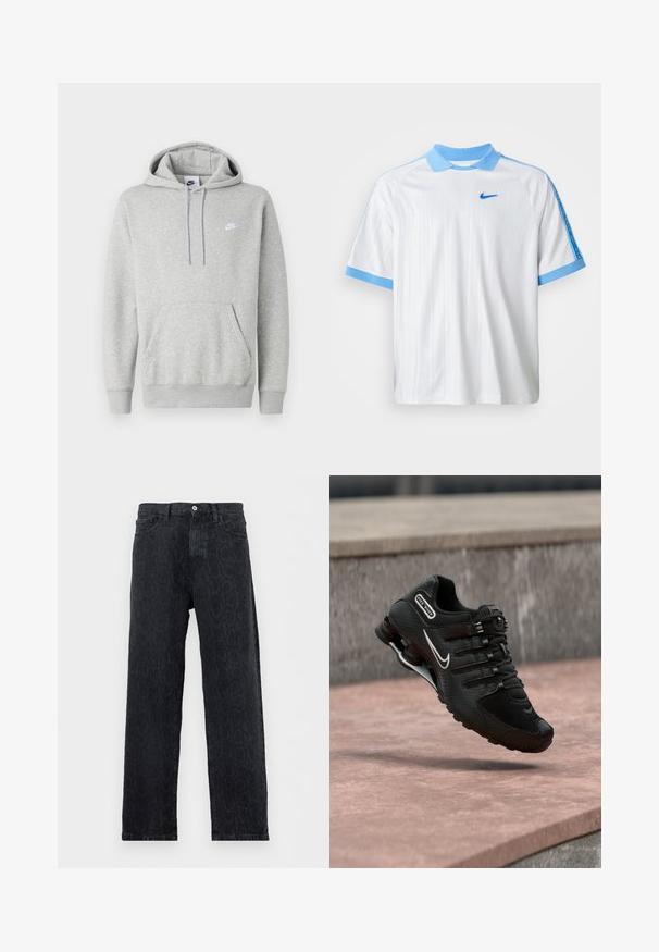 Vaaleanharmaa huppari, joka on valmistettu pehmeästä kankaasta. Siinä on kengurun tasku, kiristysnauhallinen huppu ja pieni valkoinen logo rinnassa.; Valkoinen Nike-urheilu paita, jossa on vaaleansininen kaulus, hihojen reunat ja olkasuunnitelmat, ja rintaosassa pieni sininen Nike-logomerkki.; Mustat suoralahkeiset farkut hennolla tummalla eläinkuviolla, napilla ja vetoketjulla suljettavat, edessä taskut, valkoisella taustalla esitettynä.; Musta Nike Shox -juoksukenkä, jossa valkoinen swoosh-logo, keskellä ilmaa vaaleanpunertavan betonipinnan yläpuolella harmaan kiviseinän edessä.