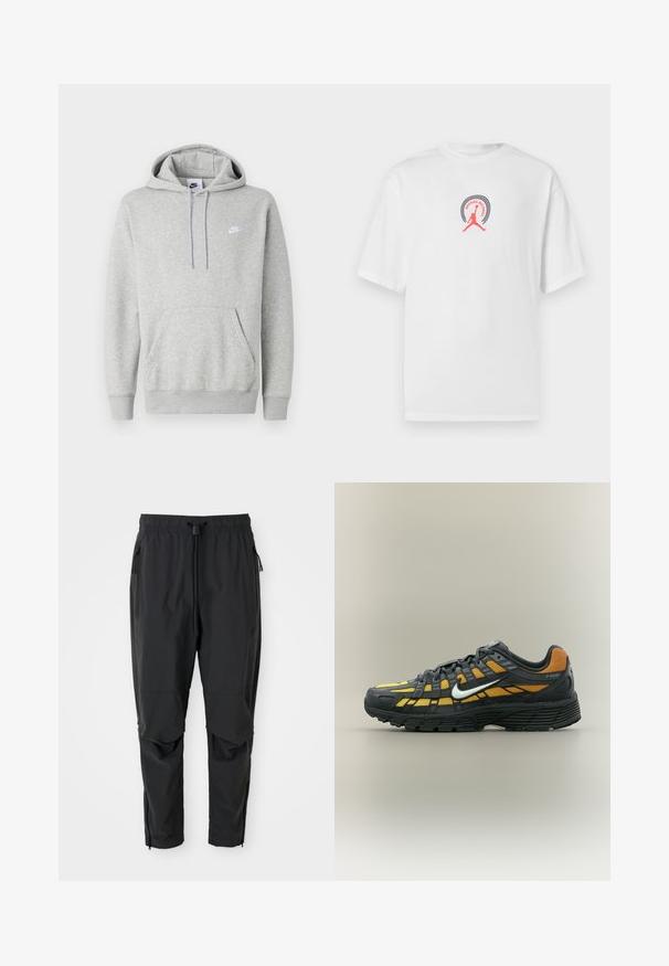 Sudadera con capucha de color gris claro hecha de tela suave, con un bolsillo tipo canguro, capucha con cordón y un pequeño logo blanco en el pecho.; Camiseta blanca de algodón con cuello redondo, con un logo gráfico en negro y rosa que muestra una silueta saltando y el texto "BROKEN RECORDS".; Pantalones ligeros negros con cintura elástica, cordón ajustable, bolsillos laterales con cremallera, rodilleras articuladas y cremalleras en los tobillos.; Zapatilla Nike P-6000 en negro y amarillo con el logo Swoosh blanco, suela negra y parte superior de malla, mostrada de perfil sobre un fondo liso.