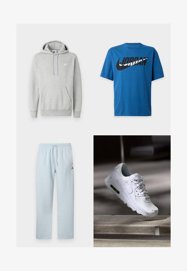 Sudadera con capucha de color gris claro hecha de tela suave, con un bolsillo tipo canguro, capucha con cordón y un pequeño logo blanco en el pecho.; Camiseta azul de manga corta con gran logo Nike en negro y blanco y texto "JORDAN AIR" impreso en el pecho.; Pantalones deportivos azul claro hechos de tela suave, con cintura elástica y cordón ajustable, dos bolsillos laterales y un detalle de logo negro.; Zapatilla Nike Air Max 90 blanca con parte superior de malla y cuero, caja de puntera perforada y unidad de aire visible en el talón.