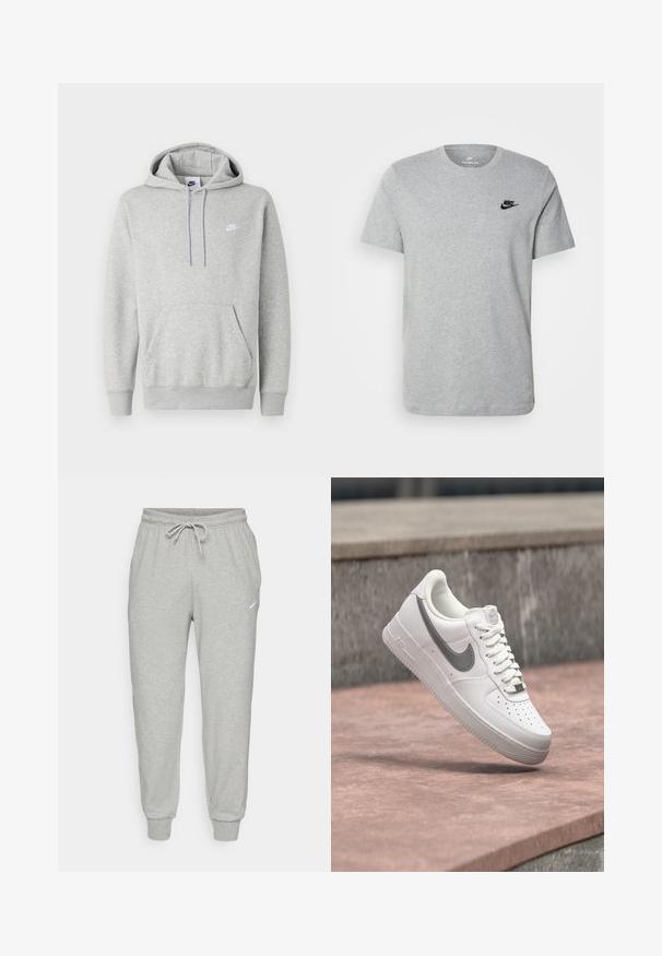 Sudadera con capucha de color gris claro hecha de tela suave, con un bolsillo tipo canguro, capucha con cordón y un pequeño logo blanco en el pecho.; Camiseta de manga corta gris de algodón, con un logo negro de Nike en el pecho y un cuello redondo. Diseño minimalista sin patrones.; Pantalones jogger de forro polar gris con cintura elástica, cordón ajustable y puños en los bajos. Presentan un pequeño logo blanco en el lado izquierdo.; Zapatilla blanca Nike Air Force 1 con logo swoosh gris flotando sobre una superficie de piedra y un fondo de pared de piedra gris.
