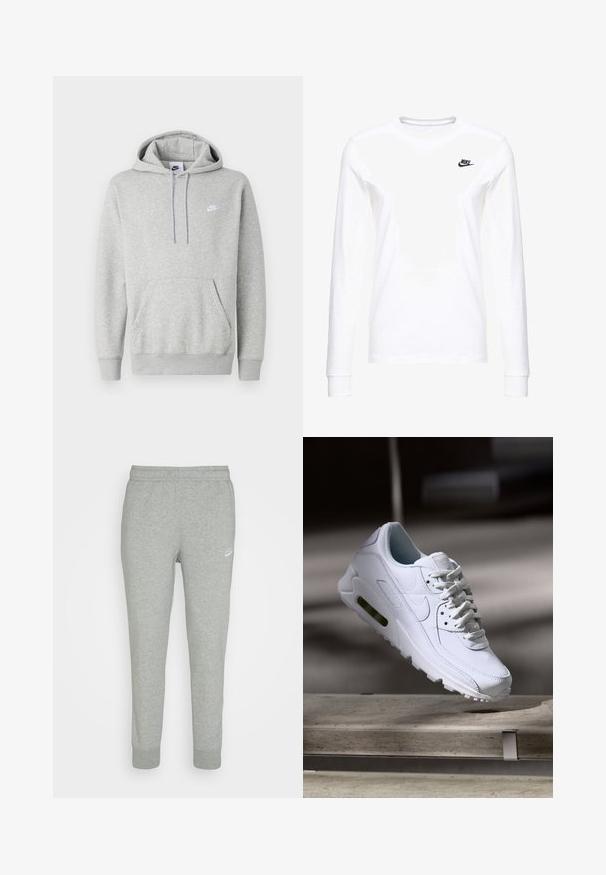 Hellgrauer Hoodie aus weichem Stoff mit Kängurutasche, Kapuze mit Kordelzug und kleinem weißem Logo auf der Brust.; Weißes Langarm-T-Shirt aus Baumwolle mit kleinem schwarzem Nike-Logo auf der linken Brust und rundem Halsausschnitt. Glatte Textur.; Graue Sweatpants aus weichem Stoff, mit schmal zulaufendem Bein, elastischem Bund und kleinem weißen Nike-Logo am linken Oberschenkel.; Weiße Lederturnschuhe mit strukturierten Oberflächen, gepolstertem Kragen und sichtbarer Luftpolsterung in der Sohle. Verfügt über Schnürsenkel und ein minimalistisches Design.