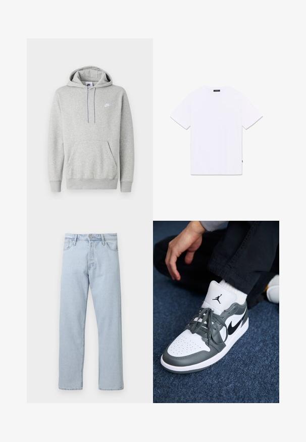 Sudadera con capucha de color gris claro hecha de tela suave, con un bolsillo tipo canguro, capucha con cordón y un pequeño logo blanco en el pecho.; Camiseta blanca de manga corta con cuello redondo, mostrada plana desde atrás, con una pequeña etiqueta negra en el cuello y la costura lateral.; Vaqueros de mezclilla azul claro de pierna recta con cierre de botón y cremallera delantero, trabillas para cinturón y bolsillos delanteros sobre un fondo blanco.; Zapatillas Nike Air Jordan 1 en cuero blanco y gris, con un logo negro, punta perforada y cordones grises planos.