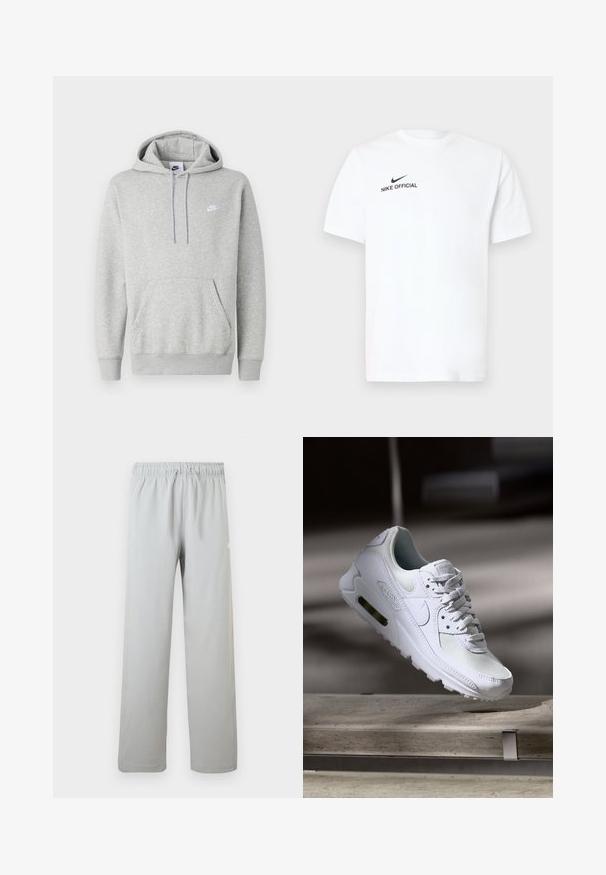 Hellgrauer Hoodie aus weichem Stoff mit Kängurutasche, Kapuze mit Kordelzug und kleinem weißem Logo auf der Brust.; Weißes Baumwoll-T-Shirt mit kurzen Ärmeln. Es zeigt ein schwarzes "Nike Official"-Logo und einen schwarzen Swoosh auf der linken Brustseite.; Hellgraue Freizeithose mit elastischem Bund und Kordelzug, gerades Bein, geeignet für den täglichen Gebrauch.; Weiße Nike Air Max 90 Sneaker mit einem Obermaterial aus Mesh und Leder, durchlässigem Zehenbereich und einer sichtbaren Air-Einheit in der Ferse.
